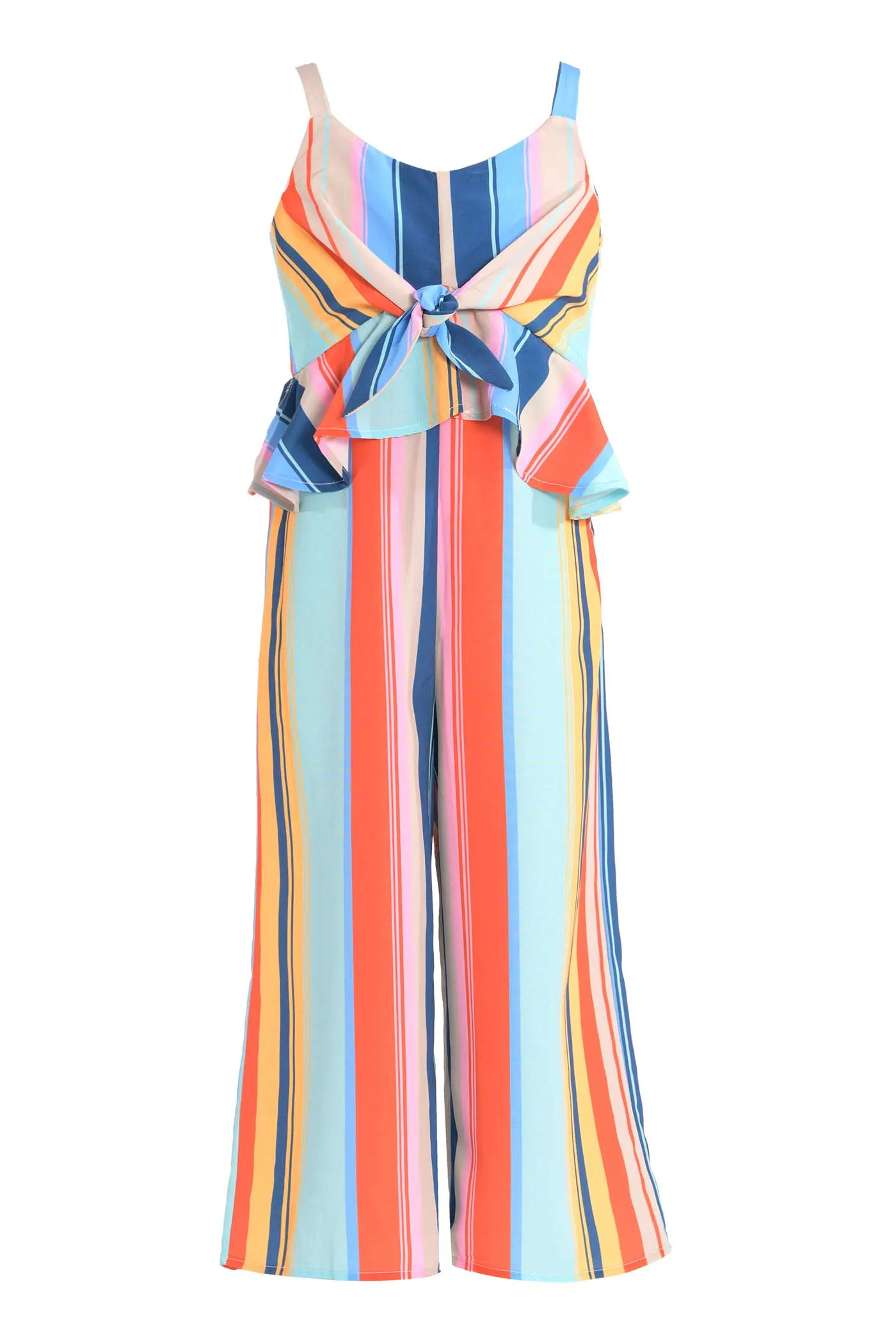 Big Girls | Tween Girls Tie Front Color Striped Jumpsuit