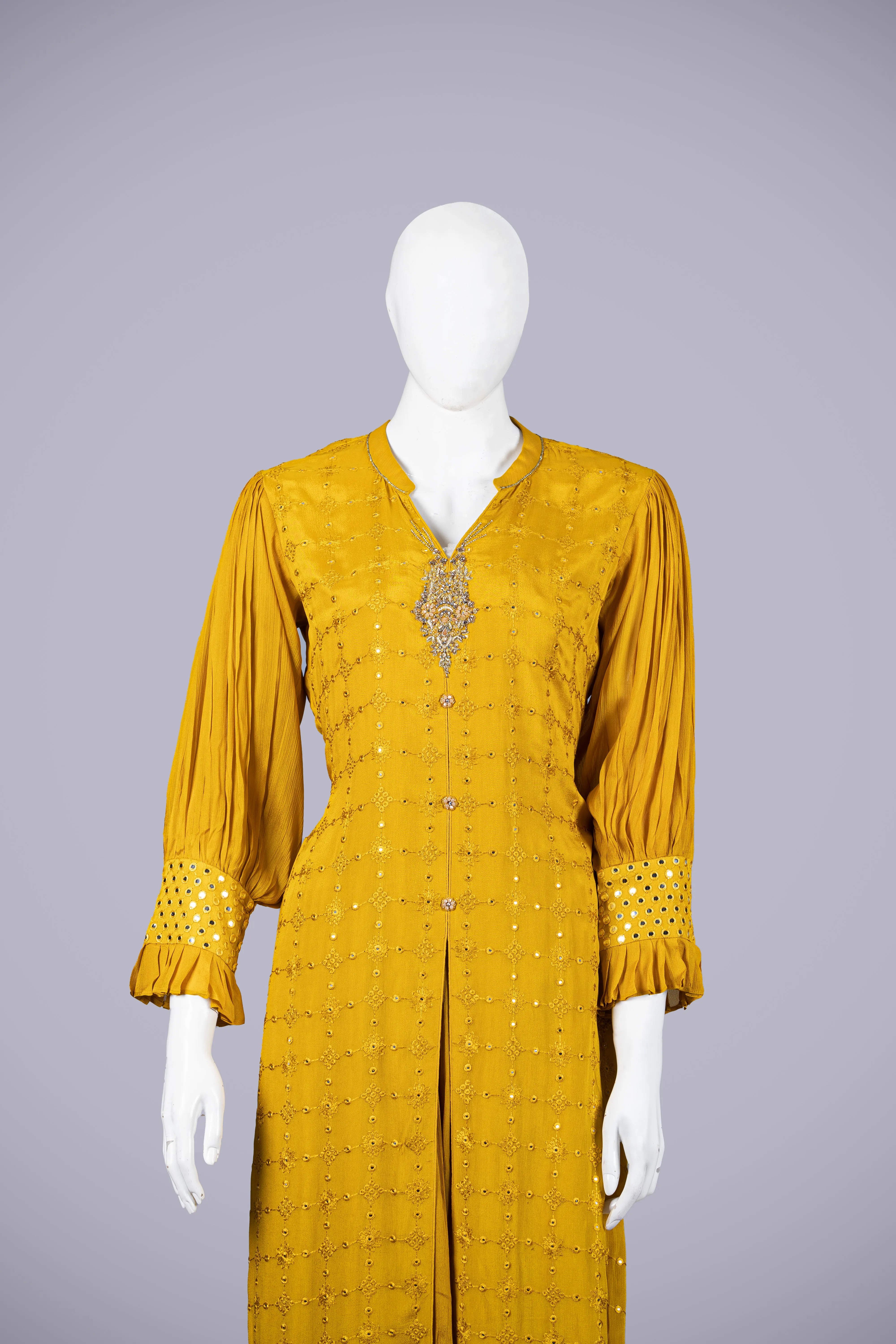 Flowy Yellow Palazzo Set with Laknavi Work
