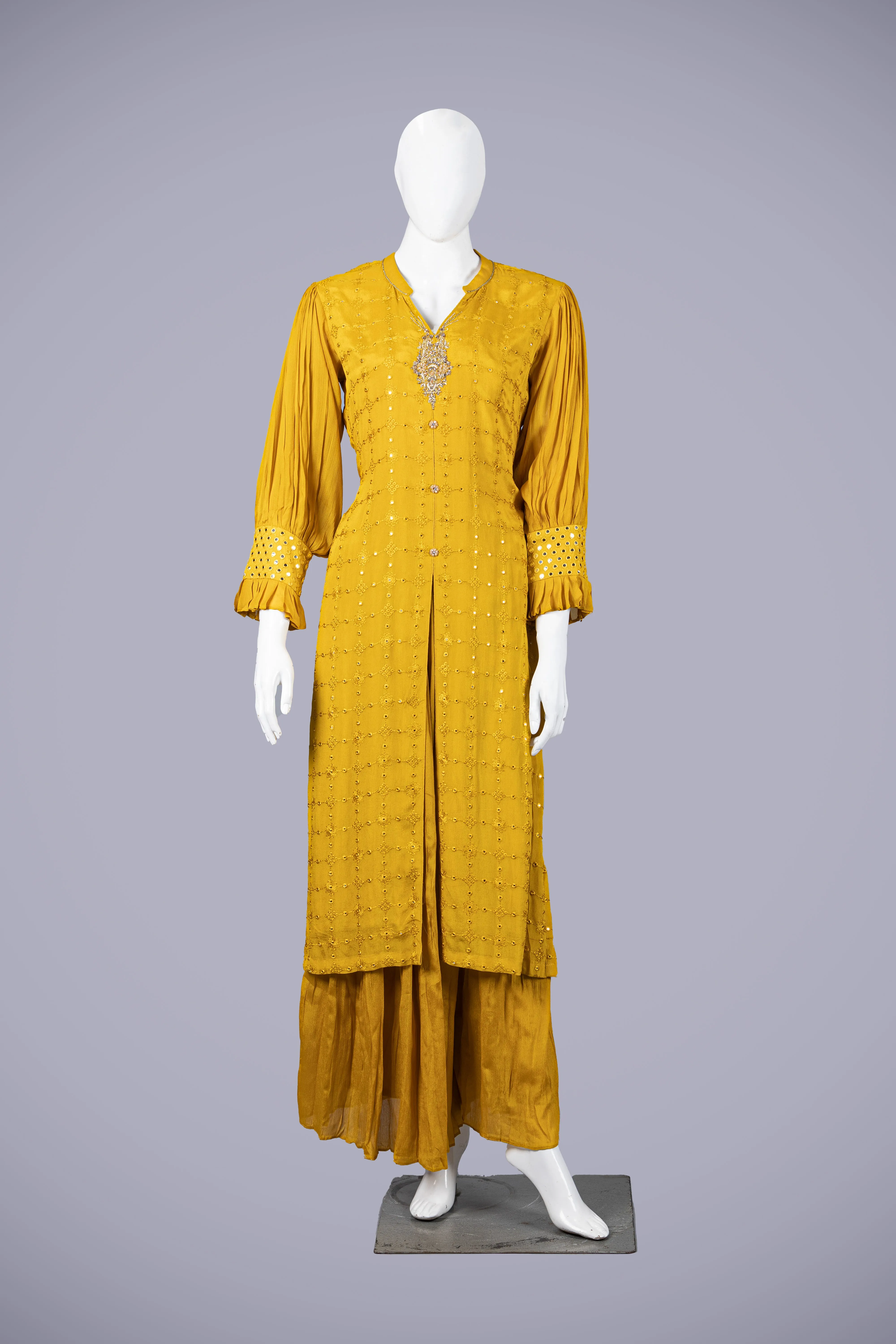 Flowy Yellow Palazzo Set with Laknavi Work