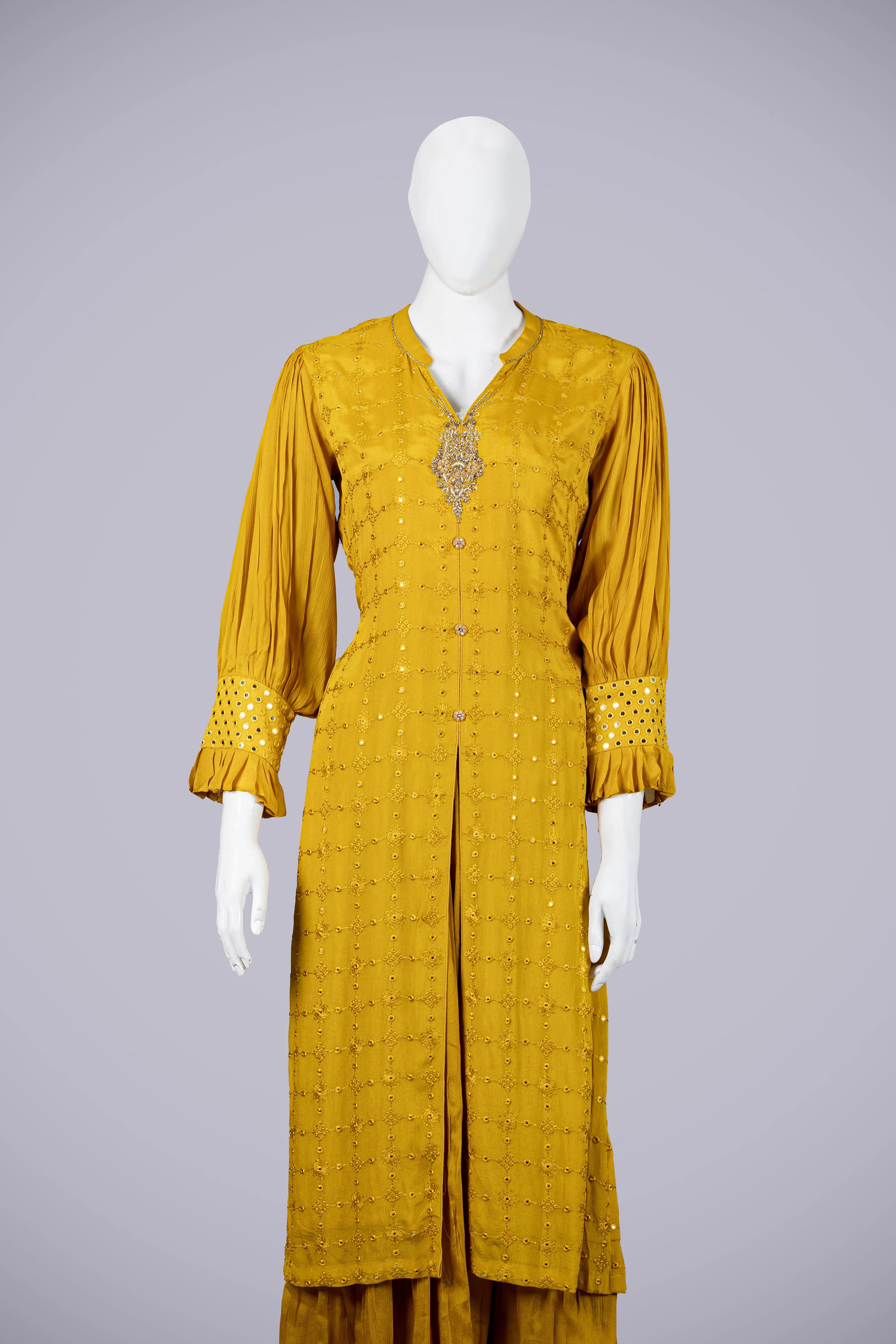 Flowy Yellow Palazzo Set with Laknavi Work