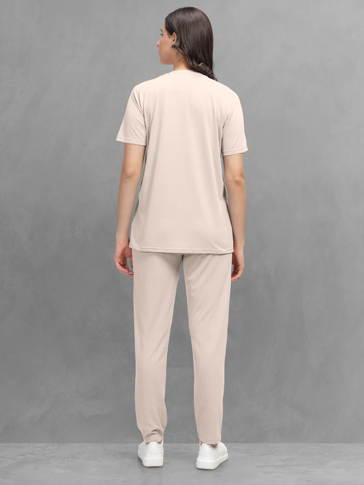 HELLCAT Beige Trendy Printed / Solid T shirt with Pants Lounge Wear / Coords / Clothing Set for Women