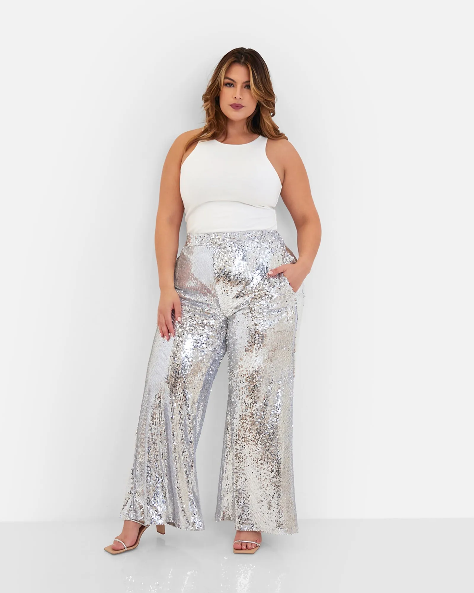 Lexi Sequin Wide Leg Pants | Silver